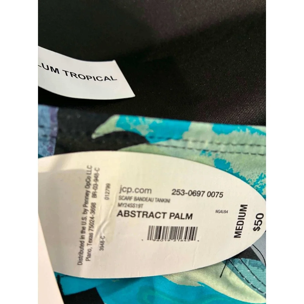 Mynah Tankini Swim Top Womens Medium Blue Black Abstract Palm Bandeau Scarf NWT
